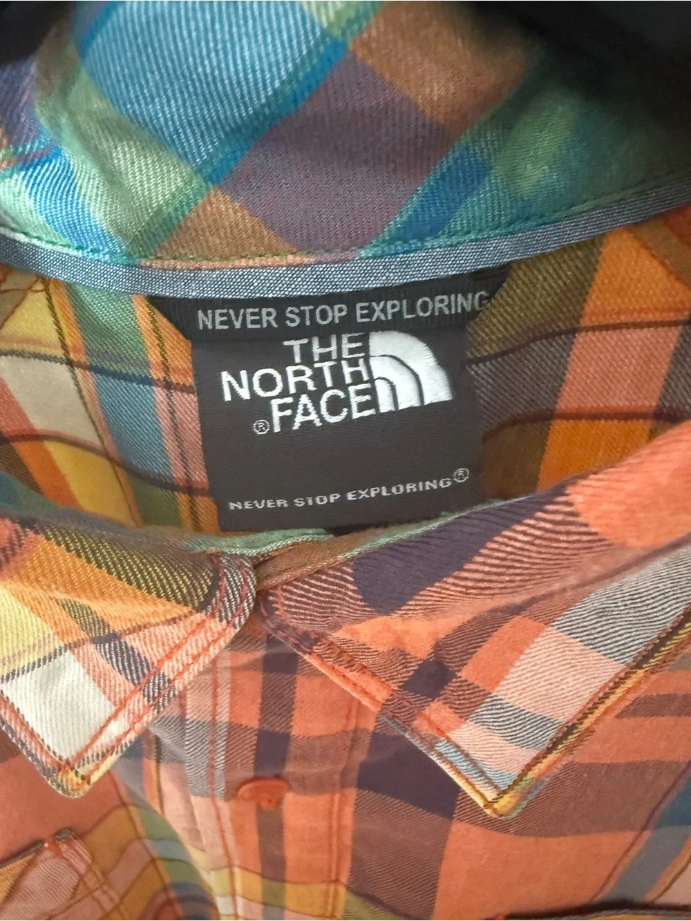 The North Face Men's Plaid Button-Up Shirt in Orange and Blue - size Medium